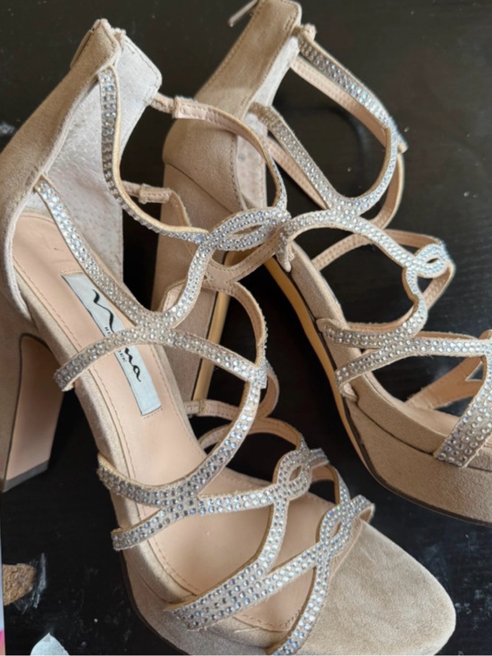 Crystal Embellished Beige Suede Heels by Unknown Brand